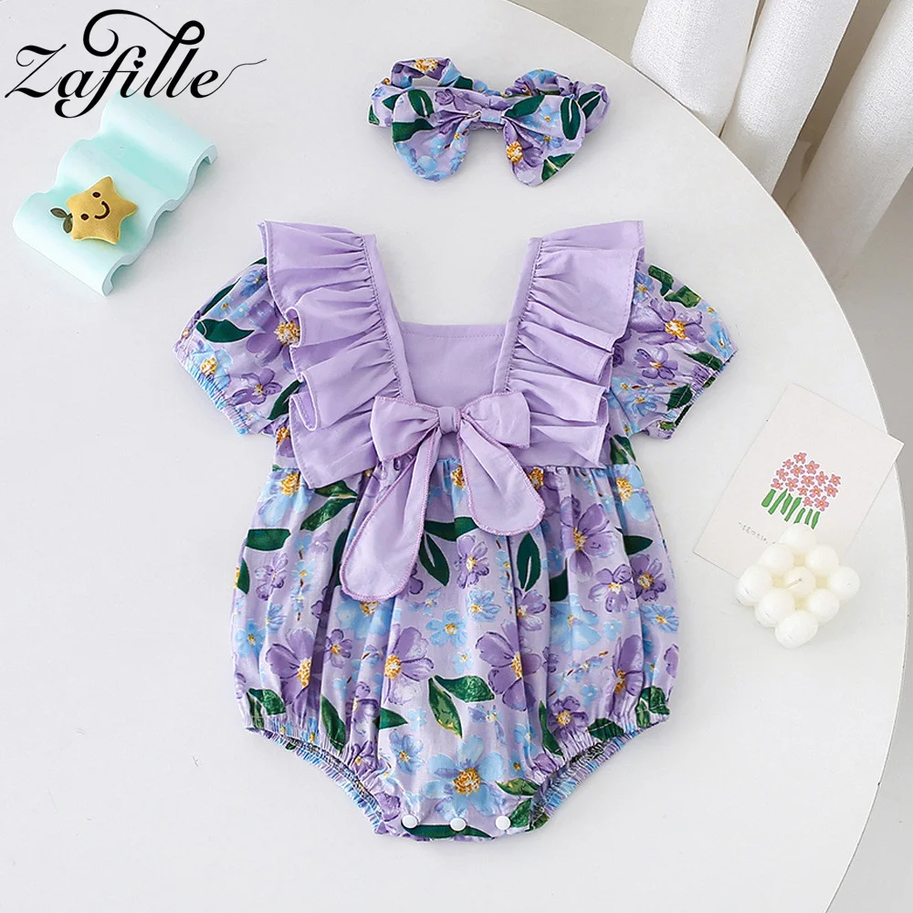 ZAFILLE Bowknot Ruffle Girls Infant Bodysuit Summer Baby Rompers Purple Flowers Clothes For
