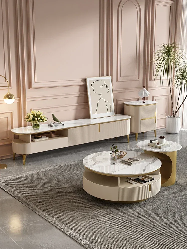 Cream wind, rock slab, coffee table, TV cabinet, modern simple living room, round Italian light luxury storage table