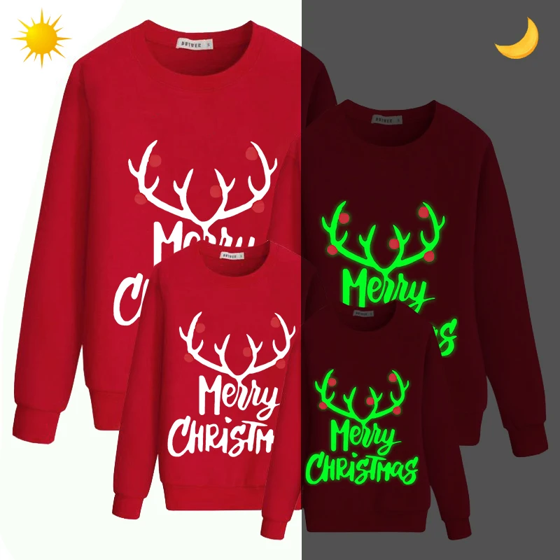 

Family Matching Christmas Tops Exclusive Design Luminous Merry Christmas Antler Family Christmas Sweatshirt