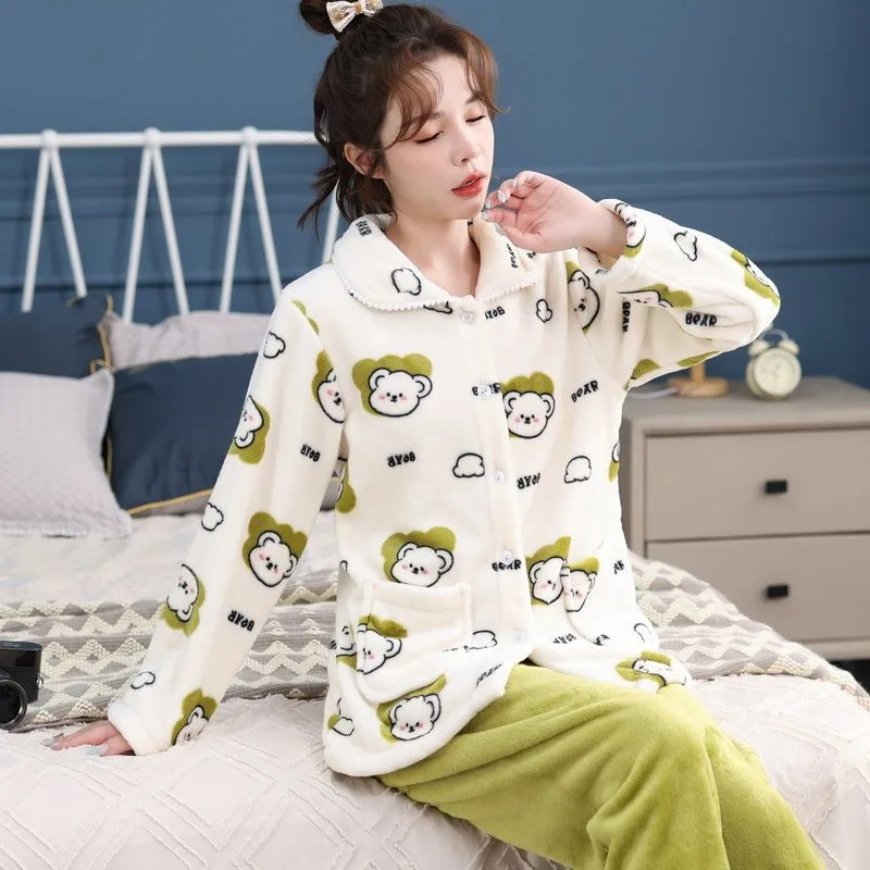 2023 New Autumn Winter Coral Velvet Pajamas Women's Set Thickened Loose Loungewear Flannel Warmth Long Sleeved Plush Homewear