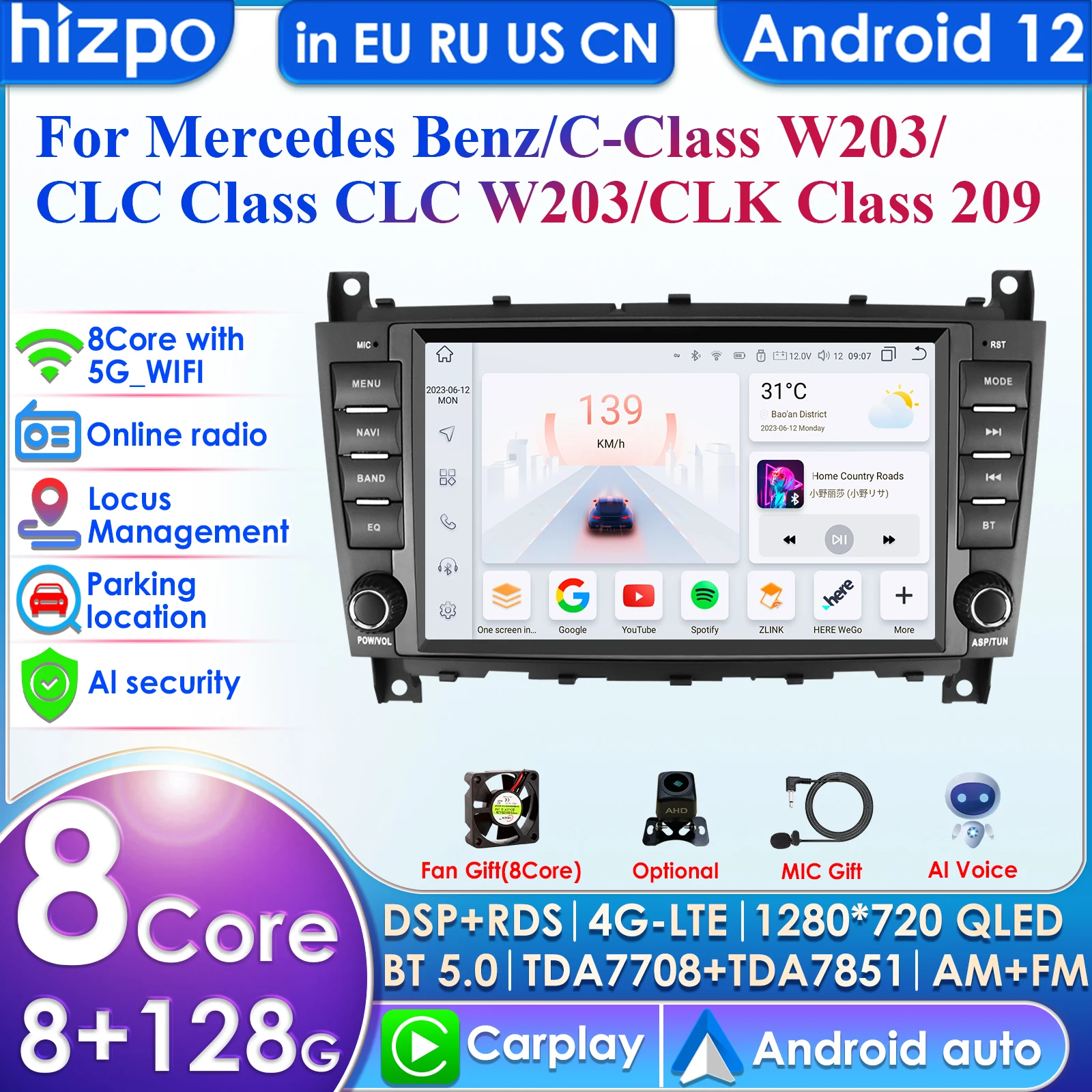 

8'' DSP AI 2Din Car Radio for Mercedes Benz CLC W203 C-Class C180 C200 CLK200 CLK W209 CarPlay Android Auto 4G-LTE AutoRadio GPS