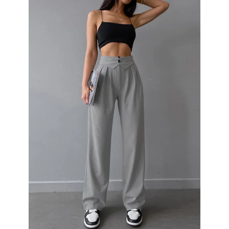 

Black High Waist Pleated Wide Leg Casual Pants 2024 New Spring Fashion Commuter Draping Effect Suit Pants Fengsb