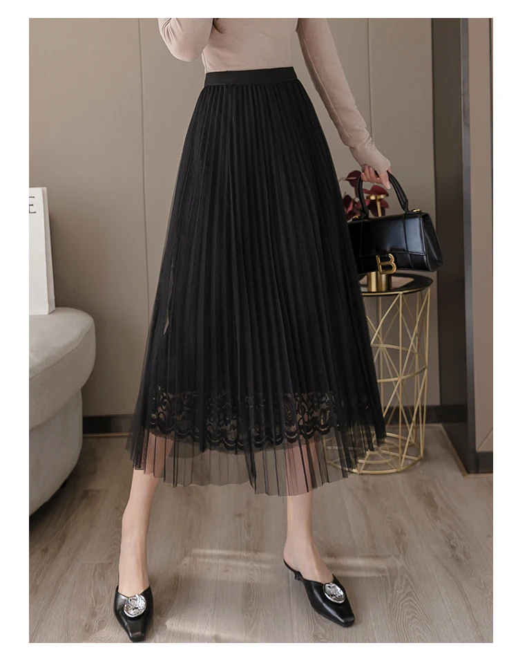 a line skirt Women Midi Lace Skirts Spring Summer Elastic High Waist Mesh Tulle Skirt Casual Pleated Skirts Apricot Black Office Lady N136 a line skirt