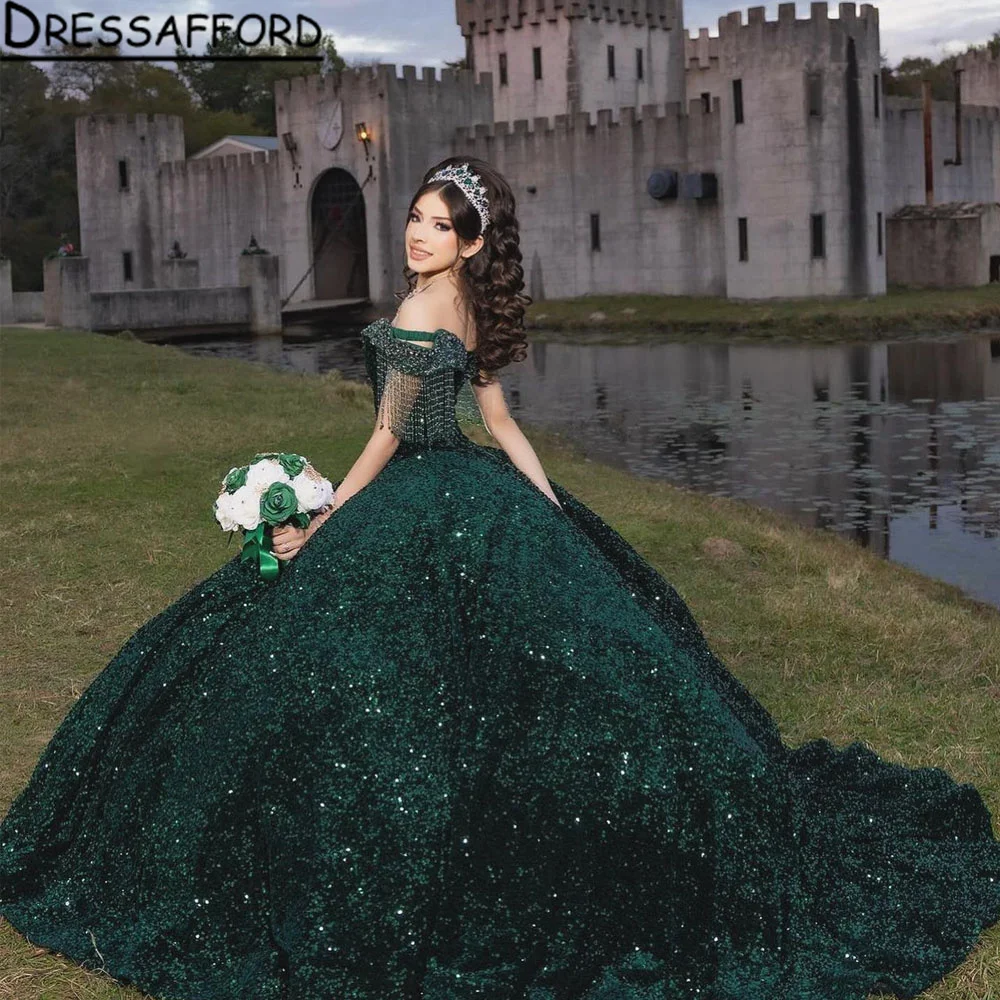 

Princess Quinceanera Dresses Glitter Skirt Applique Boning Luxury vestido de 15 quinceañeras Prom Sweet 16 Gown