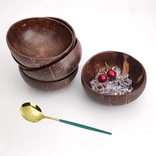 Natural coconut shell bowl polished to make salad bowl stainless steel spoon wooden bowl smoothie bowl