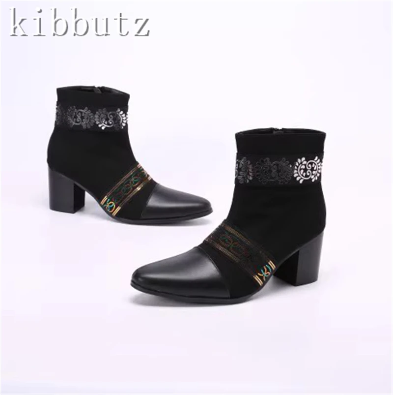 Pointed Toe Red Suede Leather Men's Ankle Boots 8cm High Heeled Printed Decor Zipper Boots Male Banquet Party Botas