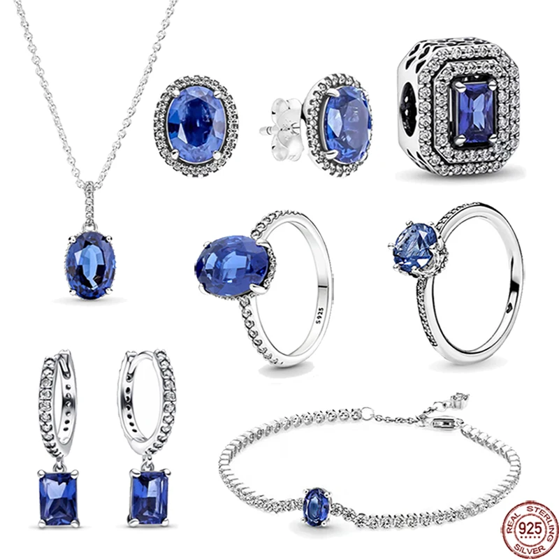 

Popular 925 sterling silver temperament classic blue zircon necklace bracelet, ring jewelry set, six piece DIY gift set