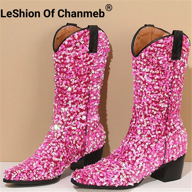 

LeShion Of Chanmeb Pink Gold Sequined Cloth Cowboy Western Boots Glitter Purple Blue Bling Bling Cowgirl Calf Boot Party Shoe 43