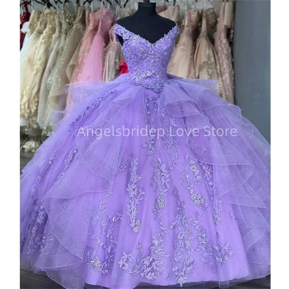 Quinceanera Dresses Angelsbridep Purple Shiny V-Neck Ball Gown 15 Year Old Quinceanera Dresses Sweet 16 Princess Vestidos De Xv A&ntilde;os