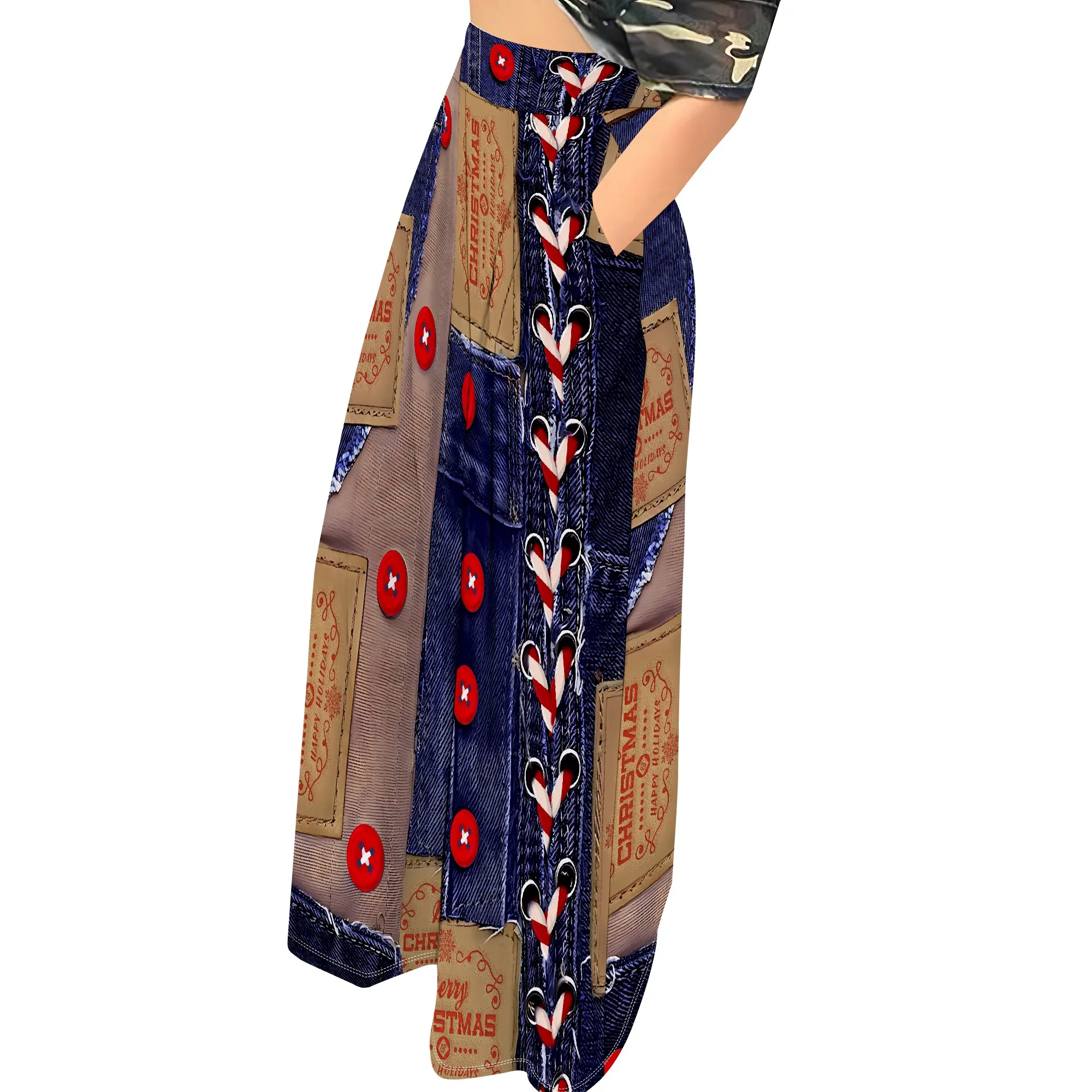 Lange Camouflage-Hose für Damen, hohe Taille, weites Bein, dehnbare, lockere Passform, Hose mit Tasche – Detail 11