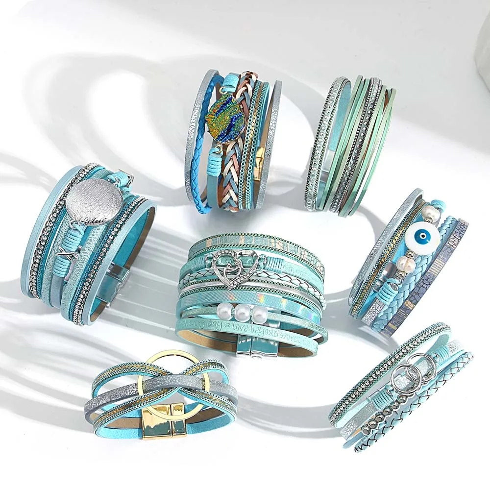 ALLYES Boho Blue Multilayer Braided Leather Bracelet for