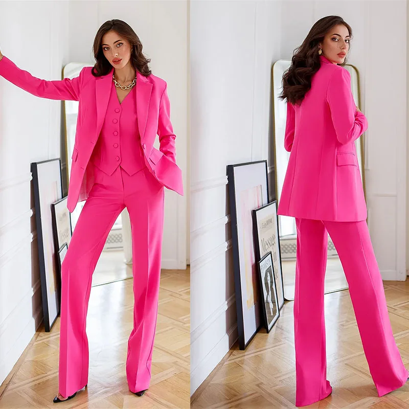 

Designer Women Suit Set Blazer+Vest Pants 3Pcs Office Lady Wedding Prom Dress Hot Pink Single Breasted Jacket женский костюм