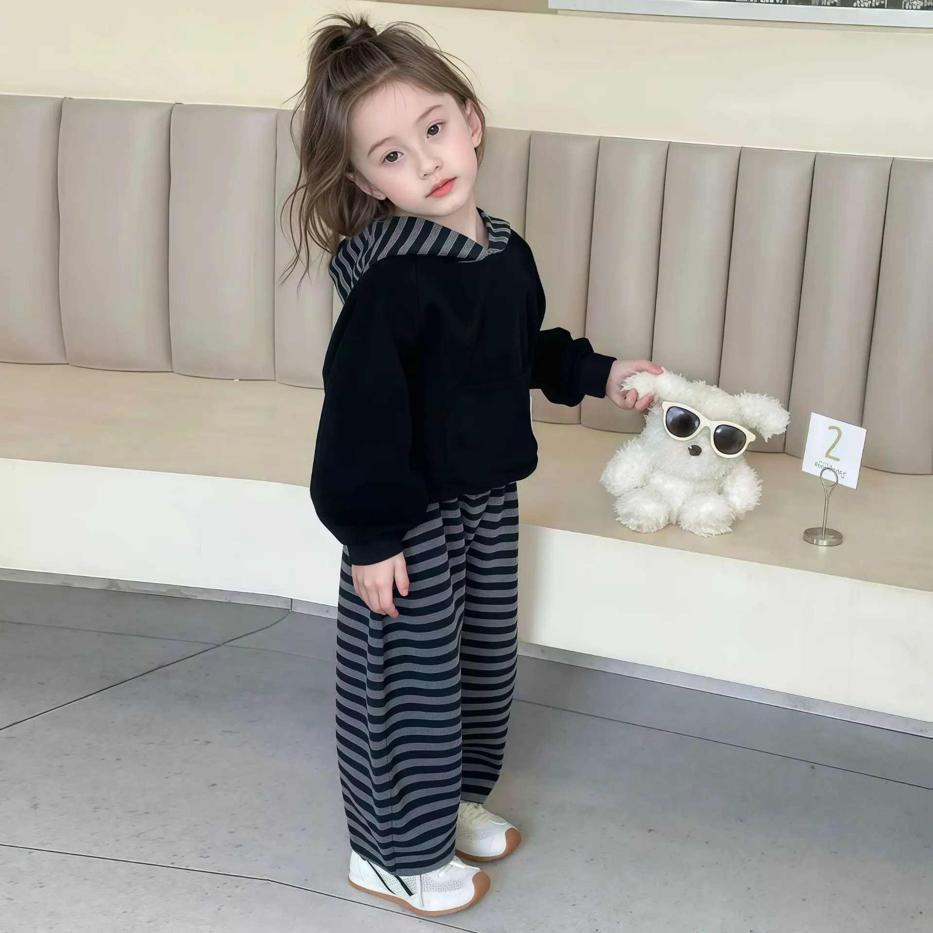 Mädchen Hoodie 2-teiliges Set Frühling Herbst Gestreifte Oberteile Pullover Hosen Sportbekleidung Kind Kawaii Mode Neuer Stil Freizeitkleidung 3-12 Jahre