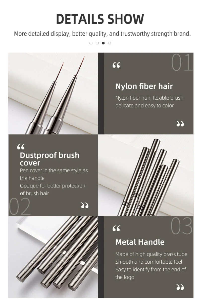 Description Picture 5 of item6/9/12/15/18mm Nail Liner Brush Drawing Lines Stripe Painting Flower Pen Metal Handle Nail Art Pen Nail Art Brush Manicure Tools