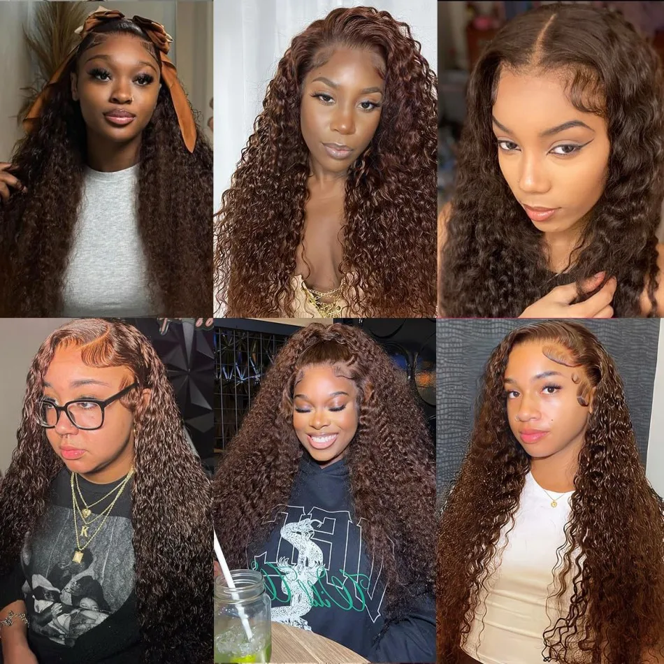Curly Chocolate Brown Human Hair Wigs 100% 13X6 Hd Lace Frontal Wig Deep Water Wave Lace Front Wigs Preplucked Brazilian 30 Inch