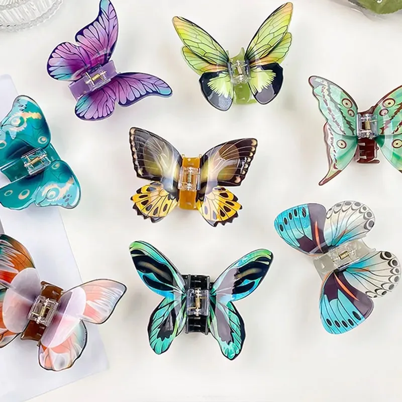 Colorful Printing Butterfly Hair Claw Sweet Romantic Blue Purple Hairpin for Women Girl Party Jewelry Gift HUANZHI 2023 NEW golden metal earring display stand hanging card jewelry holder jewelry shop decor organizer storage case organization show 2023