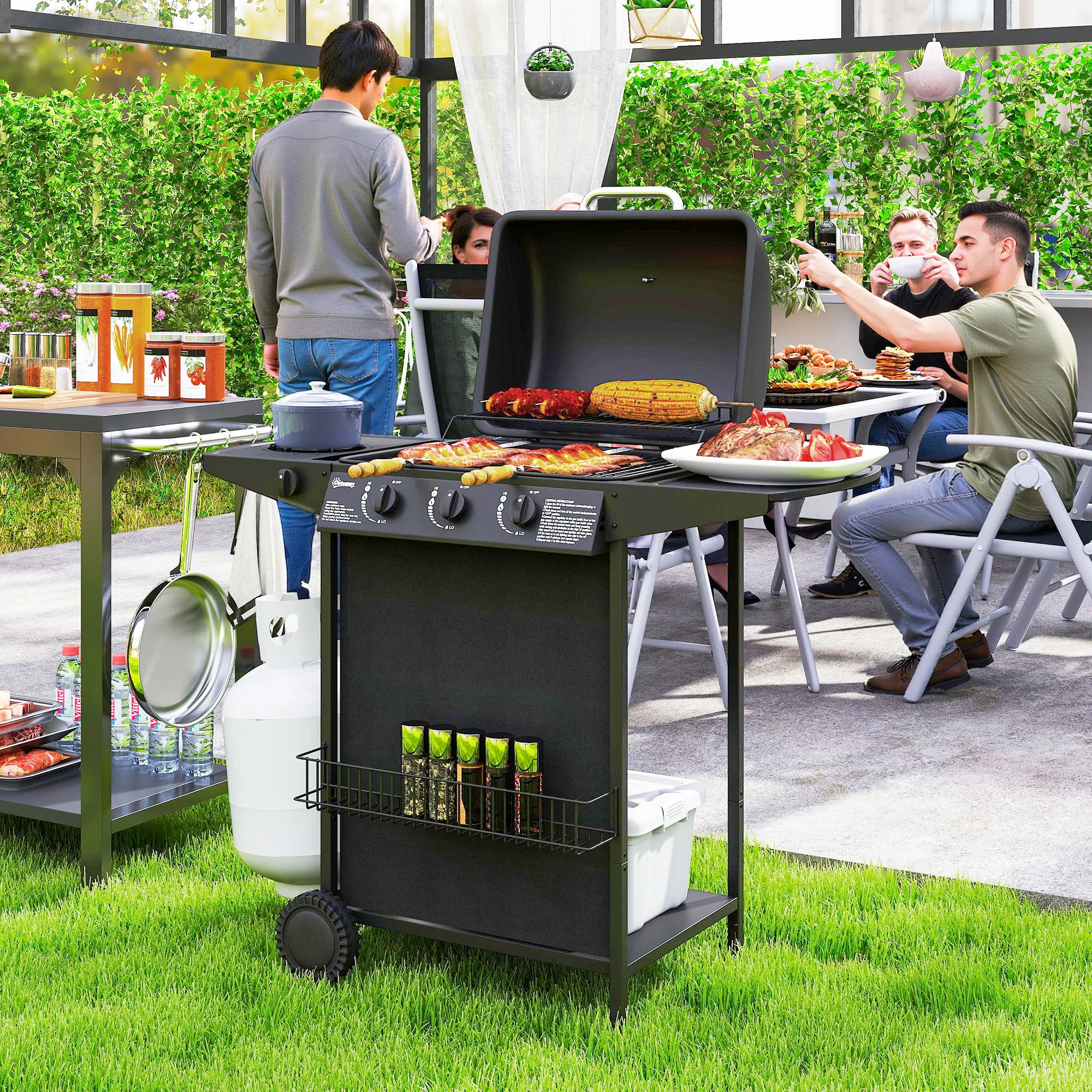 Outsunny 3+1 Burner Gas BBQ Grill, Portable Gas Barbecue Grill with ...