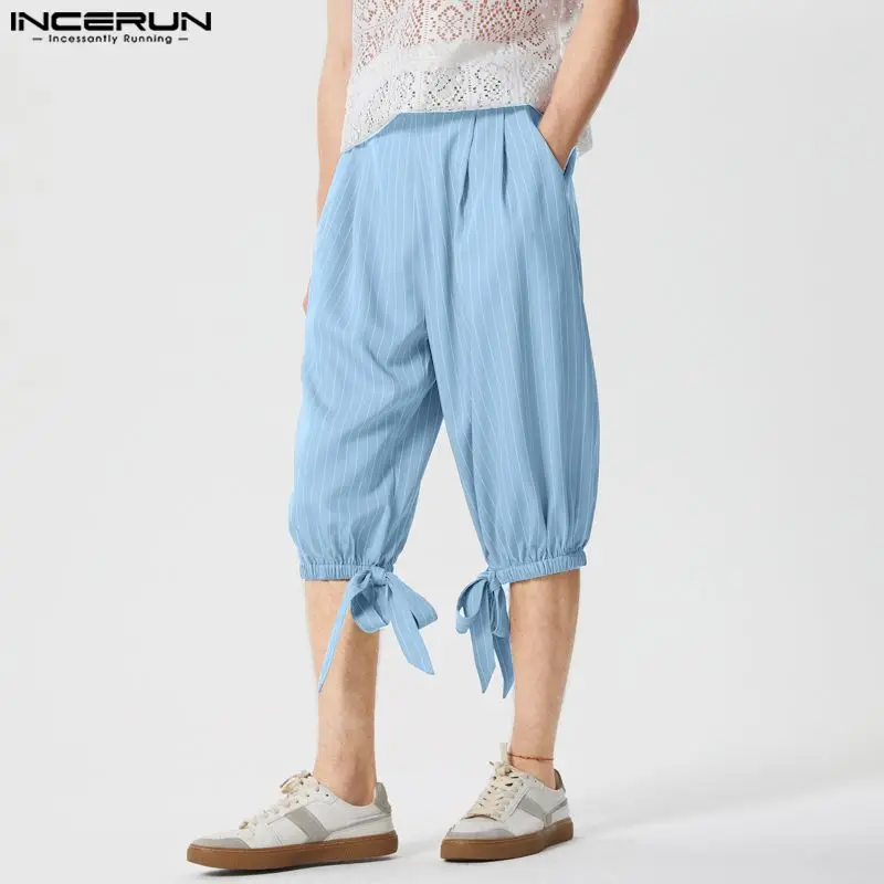 

INCERUN 2024, шорты в американском стиле, модные мужские шорты с высокой талией и бантом на лодыжке, Повседневная Уличная одежда, мужские полосатые шорты