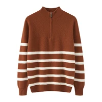 Autumn and Winter New Men's Sweater 100% Merino Wool Half High Collar Top Casual Striped Knitted Hoodie Long Sleeve Menswear 2