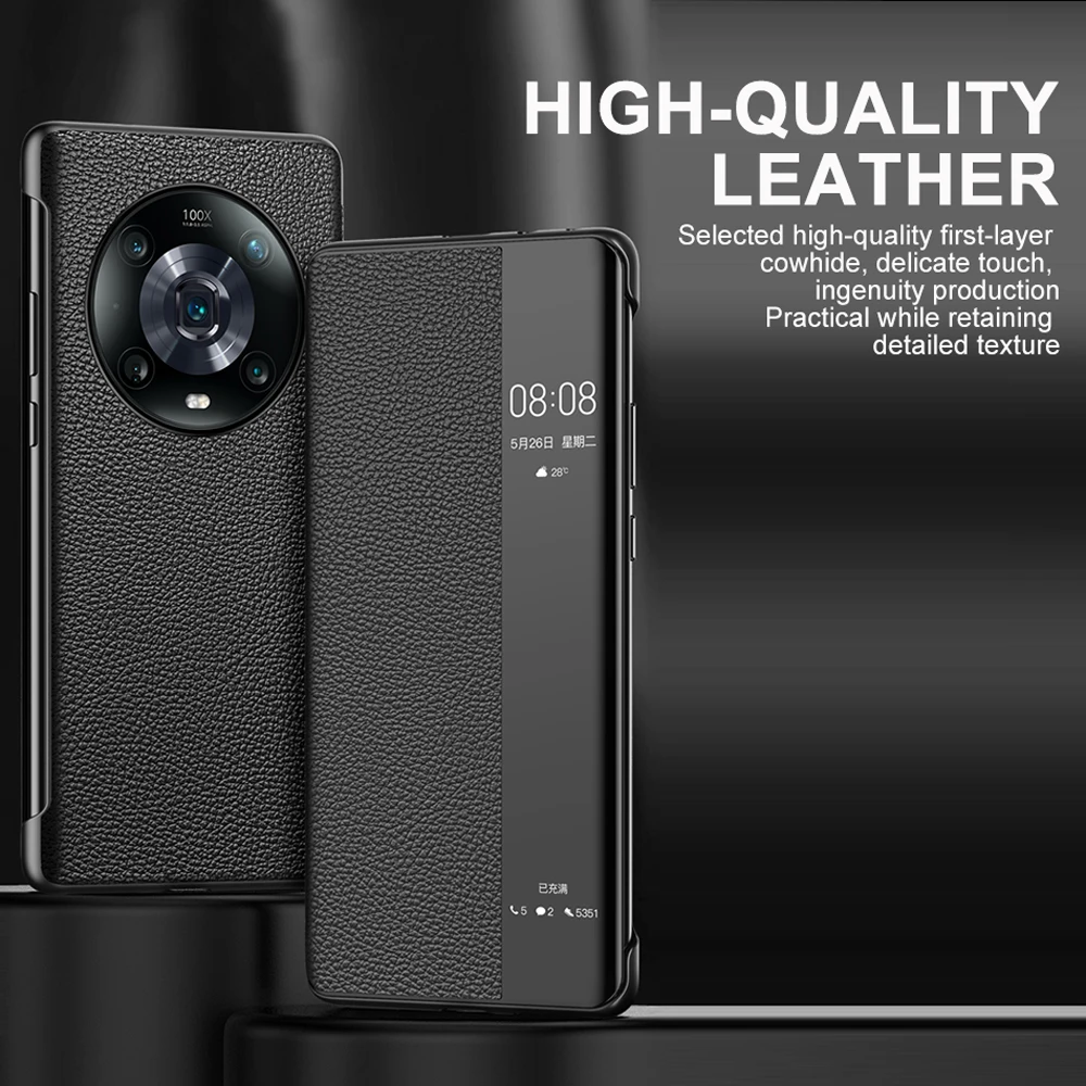 Genuine Leather Flip Cover For Honor Magic 4 Pro Original Mirror Smart Touch View Wake Sleep Up Protection Case for Magic4