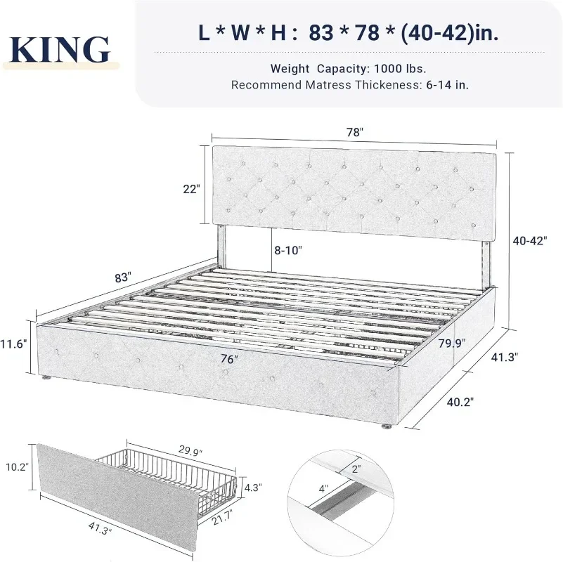Description Picture 3 of itemUpholstered King Size Platform Bed Frame with 4 Storage Drawers and Headboard Diamond Stitched Button Tufted No Box Needed Grey