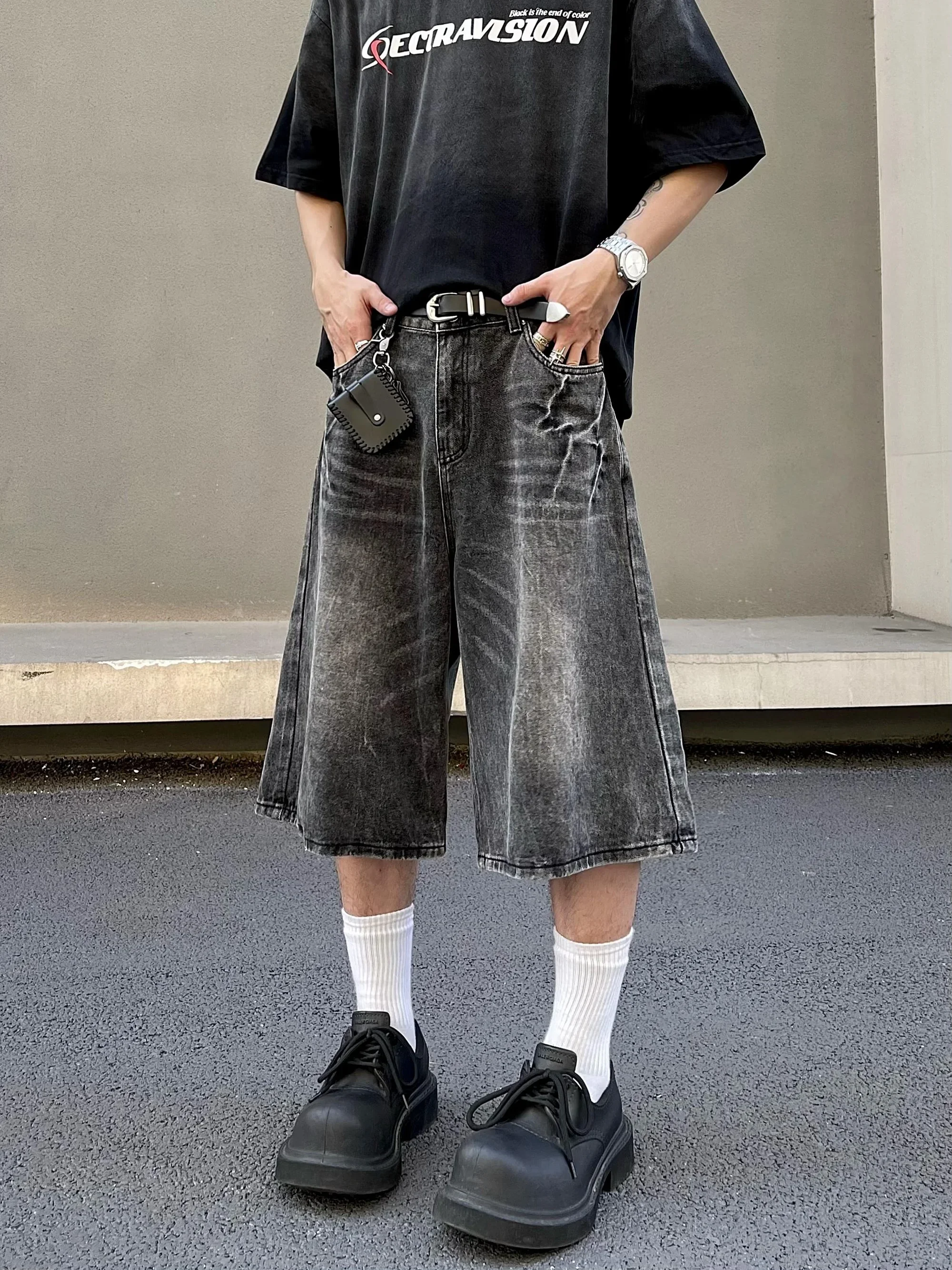 Lightning Patterned Jorts Loose Cropped Denim Shorts for Men Women's Y2k Distressed Calf-length Pants 3