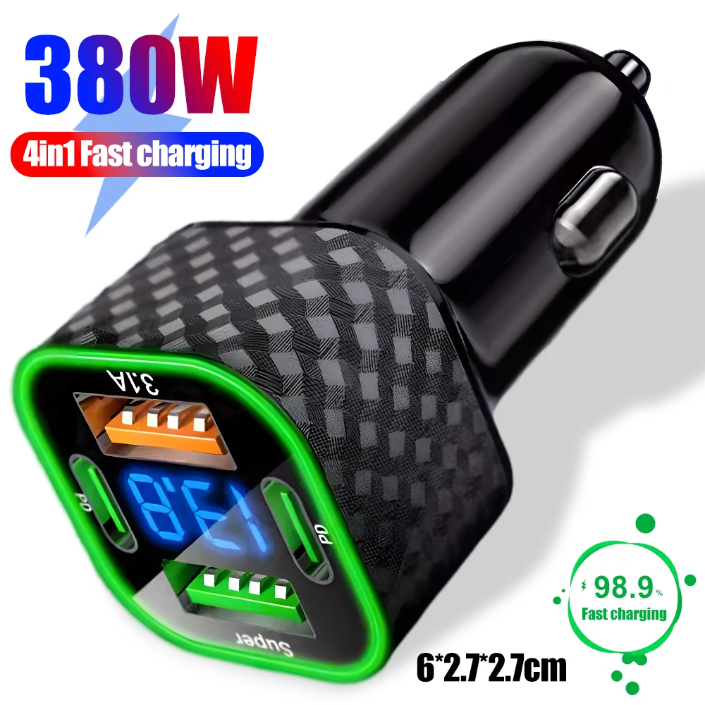 380W USB Car Phone Charger Dual PD 4 In 1 With Voltage Display Super Fast Charge Adapter For IPhone Xiaomi Samsung_voghion.com