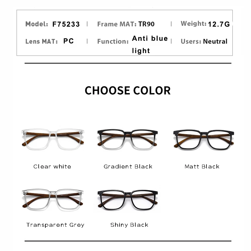 Wood Pattern Retro Anti Blue Light Glasses for Men Optical TR90 Male Square Glasses Frame Women Clear Lens Gift Frames F75233 5