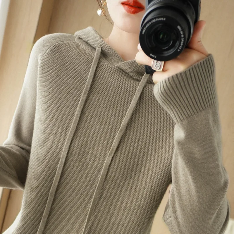 

Vintage Long Sleeve Sweaters Women Casual Fashion Solid Sweaters New 2023 Autumn/Winter Loose Hooded Clothing