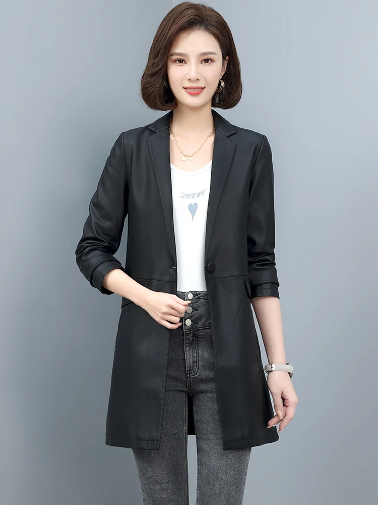 New Women Chic Office Lady One Button Leather Blazer Spring Autumn 2024 Fashion Notched Collar Long Sleeve Ladies Sheepskin Coat