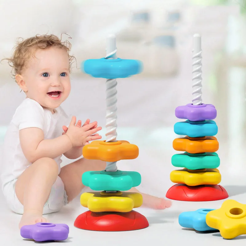 Educational Toys Stacking Puzzle Toys Stacking Toys Montessori Rotating Rainbow Tower Baby stacking Puzzle Toy Develop Motor Skills Game Children Educational Sensory Stacking Tower