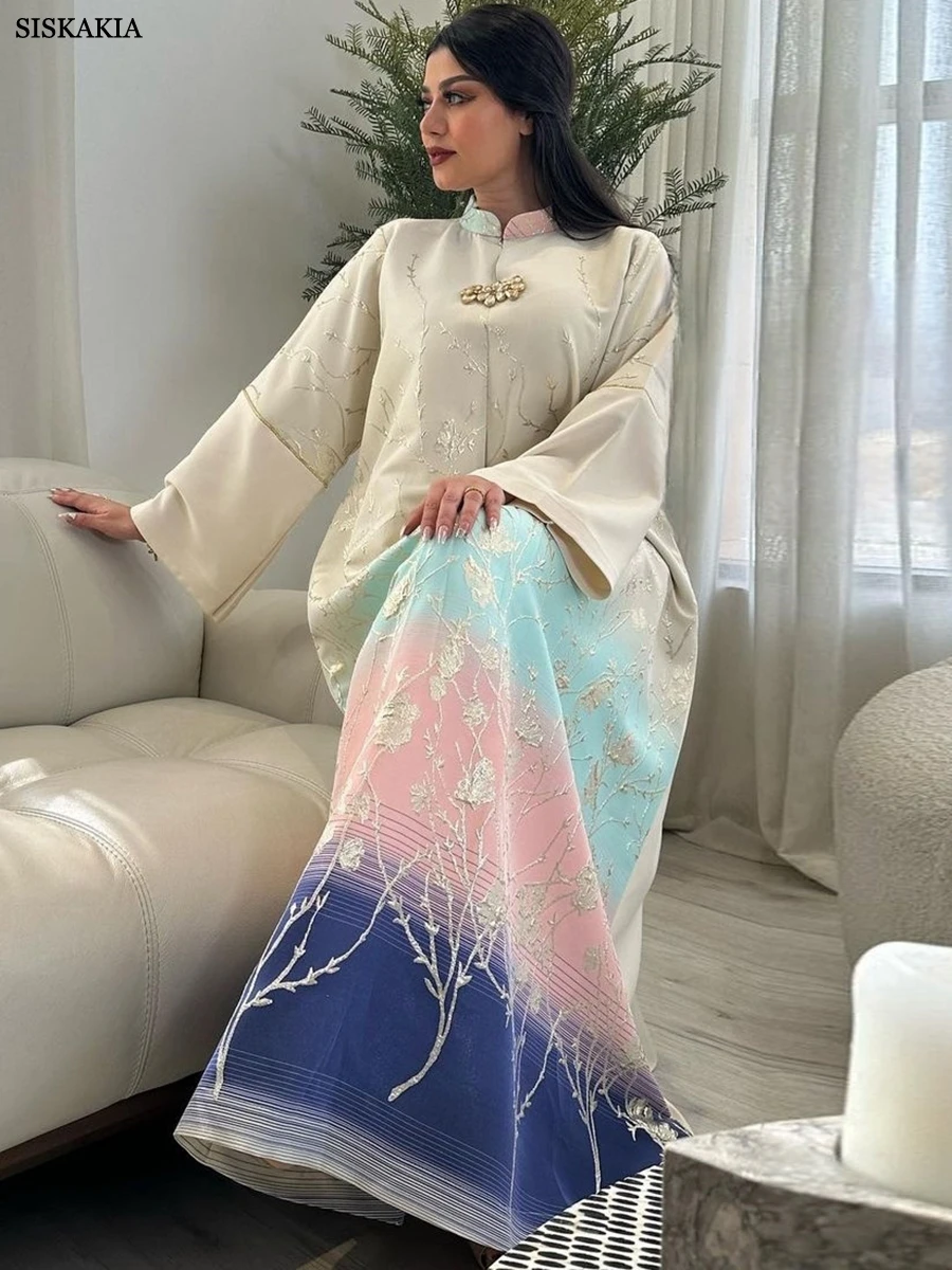 Siskakia Muslim Dubai Fashion Floral Jacquard Gradient Color Elegant Long Dress Moroccan Arab Kaftan Islam Clothing Saudi Abayas 1