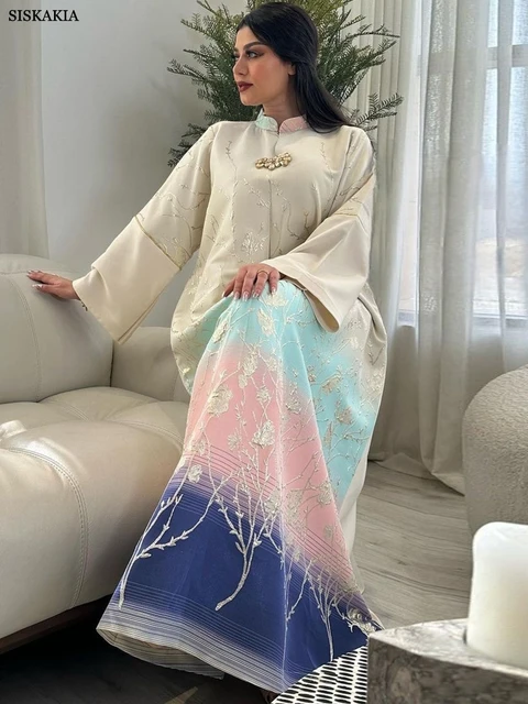 Siskakia Muslim Dubai Fashion Floral Jacquard Gradient Color Elegant Long Dress Moroccan Arab Kaftan Islam Clothing Saudi Abayas 1
