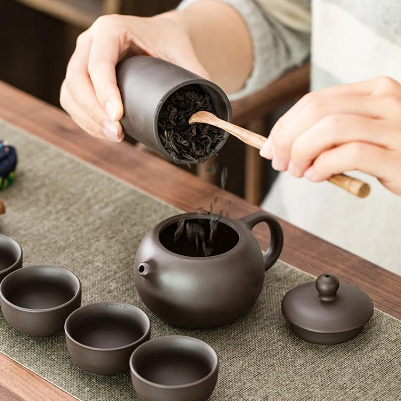 Portable Chinese Travel Tea Set, Teapot Clay Set, Tea Ceremony, Camping, 4 Cups, Zi Shi, Ke Cup, Tea Pot Set
