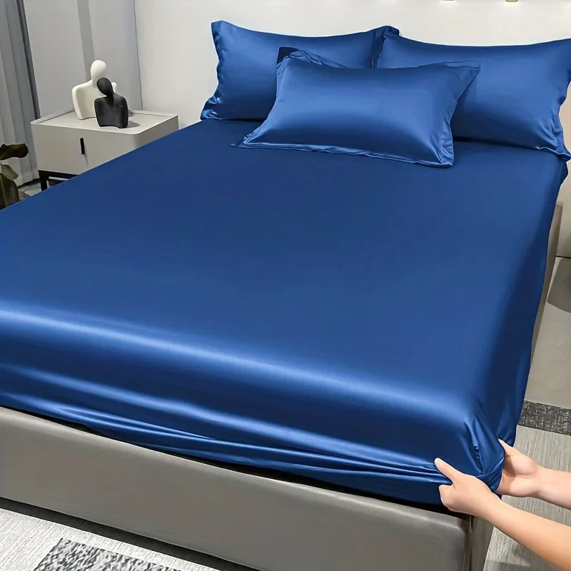 1 Simple Modern Satin Solid Color Fitted Sheet, Solid Color Ice Silk Bedspread For Bedroom, Bedding (Excluding Pillowcases) 2