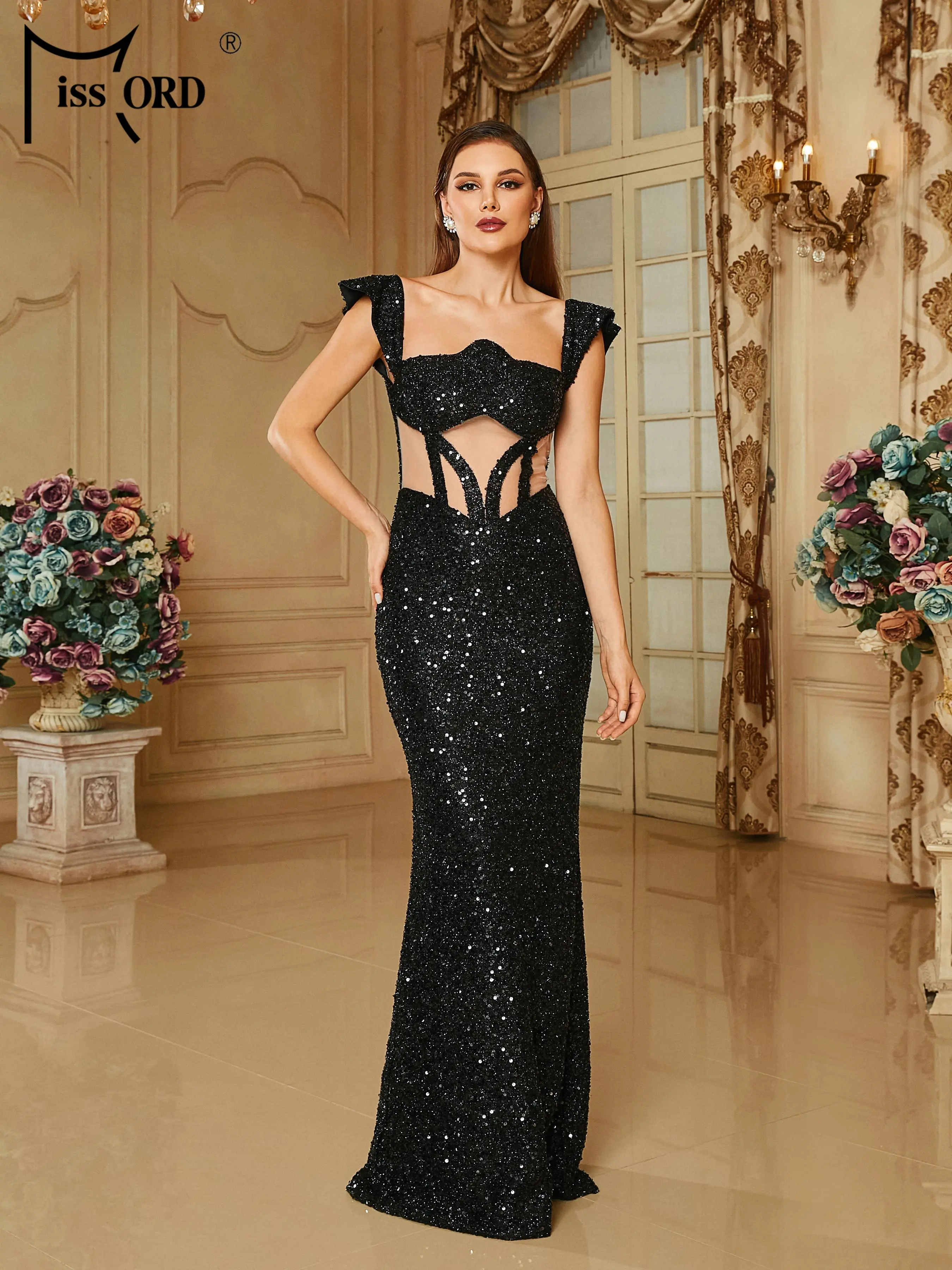 

Missord Cutout High Quality Luxury Black Sequin Evening Party Elegant Beautiful Women's Dress