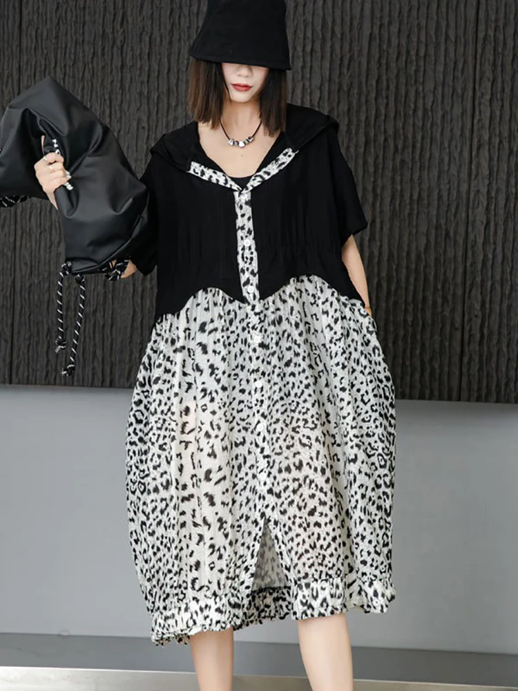 

XITAO Leopard Single Breasted Hooded Dresses Short Sleeve Patchwork Pocket Loose Casual Dress 2024 Summer New Slimming WLD20164