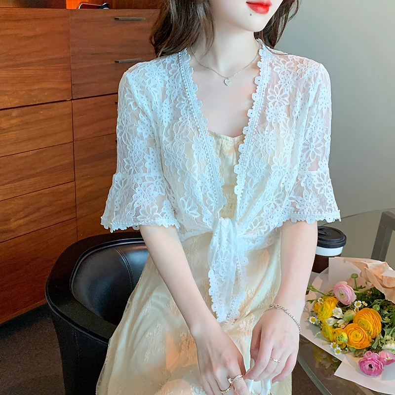 3511 블랙 화이트 베이지 랩 레이스 기모노 재킷, 얇은 레이스 자외선 차단 코트, 여성용 반팔 가디건, 겉옷 시스루
