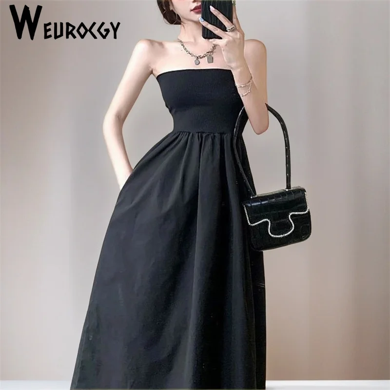 

Women's Dress 2024 Summer Korean Casual New Style Strapless Dress y2k Sexy High Waist Slim Vintage A Line Punk Academia Dresses