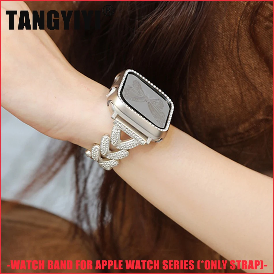 

Металлический ремешок с бриллиантами для Apple Watch Series 9, 8, 7, 6 SE 5, 4, 3, 45/44/42/41/40/38 мм, роскошный браслет с блестками, ремешок IWatch Ultra 2, 49 мм