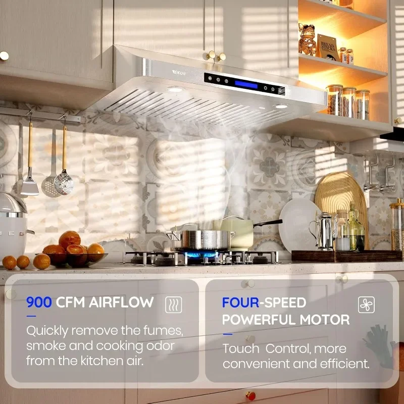 EKON 30 inches Under Cabinet Range Hood, 900 CFM Stainless Steel Kitchen Chimney Vent, 4 Speed Touch Screen Control 2