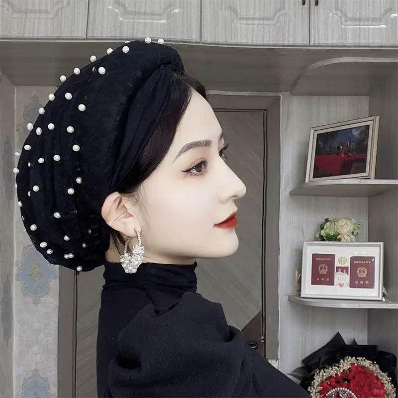 진주 구슬 터번 캡 헤어 밴드 포함, 이슬람 머리 스카프 보닛, 여성 머리 랩, 터번 모자, 숙녀 패션 머리띠 ...