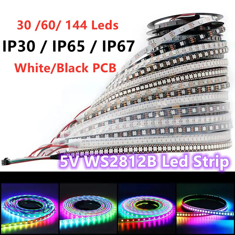 DC5V WS2812b led strip light 1m/5m 30/60/144leds/m pixel WS2811IC Smart Pixels Neon Lamps Tape IP30/IP65/IP67 Full color led Bar