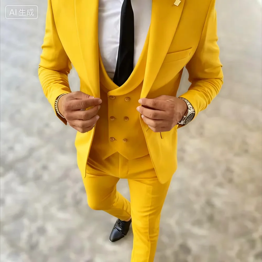 Solid Suits for Men Slim Fit Luxury Wedding Tuxedos Fashion Mens 3 Pieces(Blazer+Vest+Pants)Peak Lapel Suits Jacket for Business