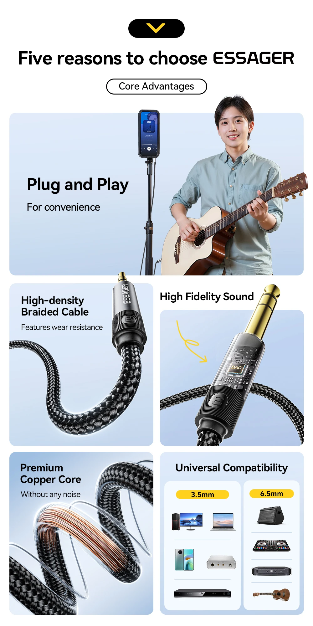 3.5mm To 6.5mm Audio Jack Cable For Computer Laptop Headsets Sound Card Cellphon