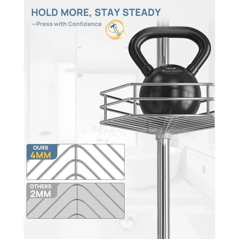 Corner Shower Caddy Tension Pole, Quick Setup, Rust-Free Bathroom Shower Organizer Corner for Bathtub Shampoo Storage, 4-Tier