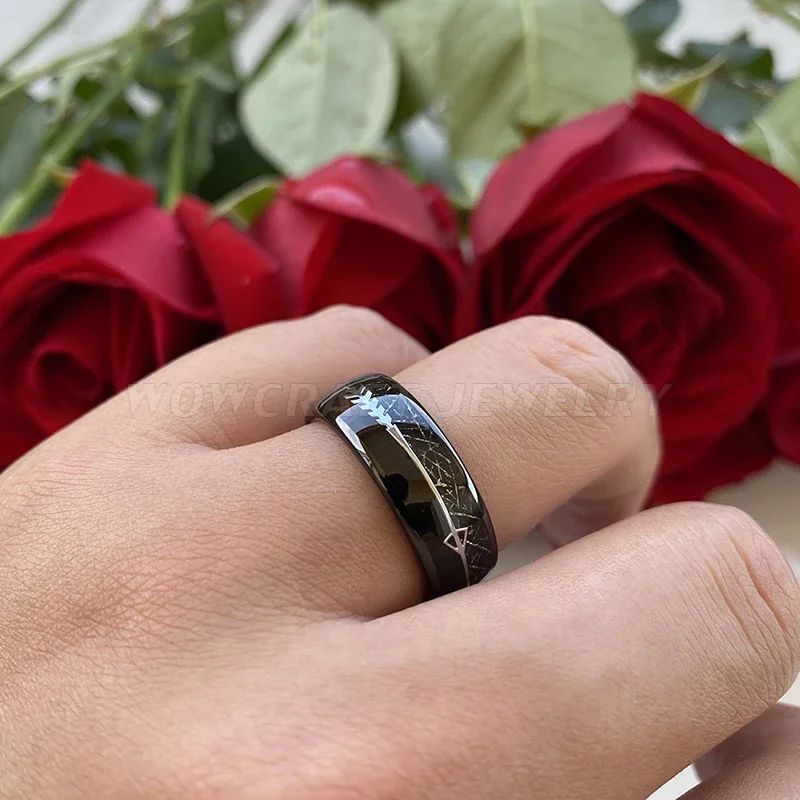 Black Meteorite Wood Steel Arrow Inlay Black Tungsten Carbide Ring Men Women Wedding Dome Band Comfort Fit Polished