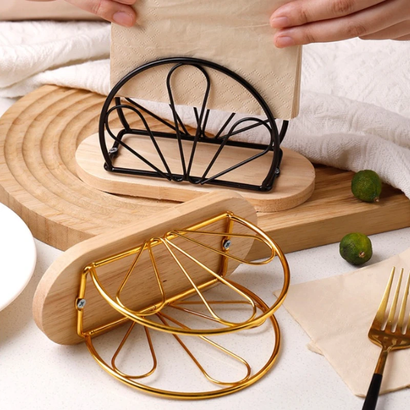 Nordic Iron Napkin Holder with Wood Base for Home and Hotel