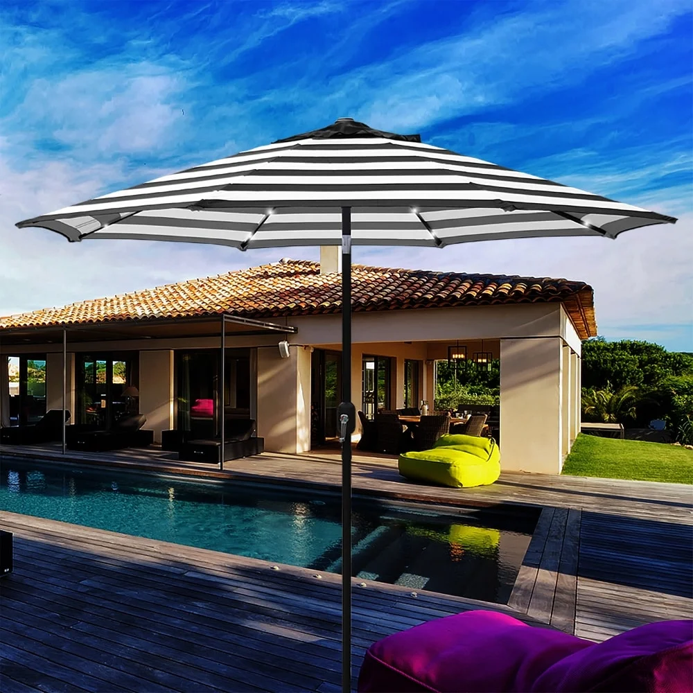 9' Black and White Striped Octagon Lighted Patio Umbrella with LED Lights