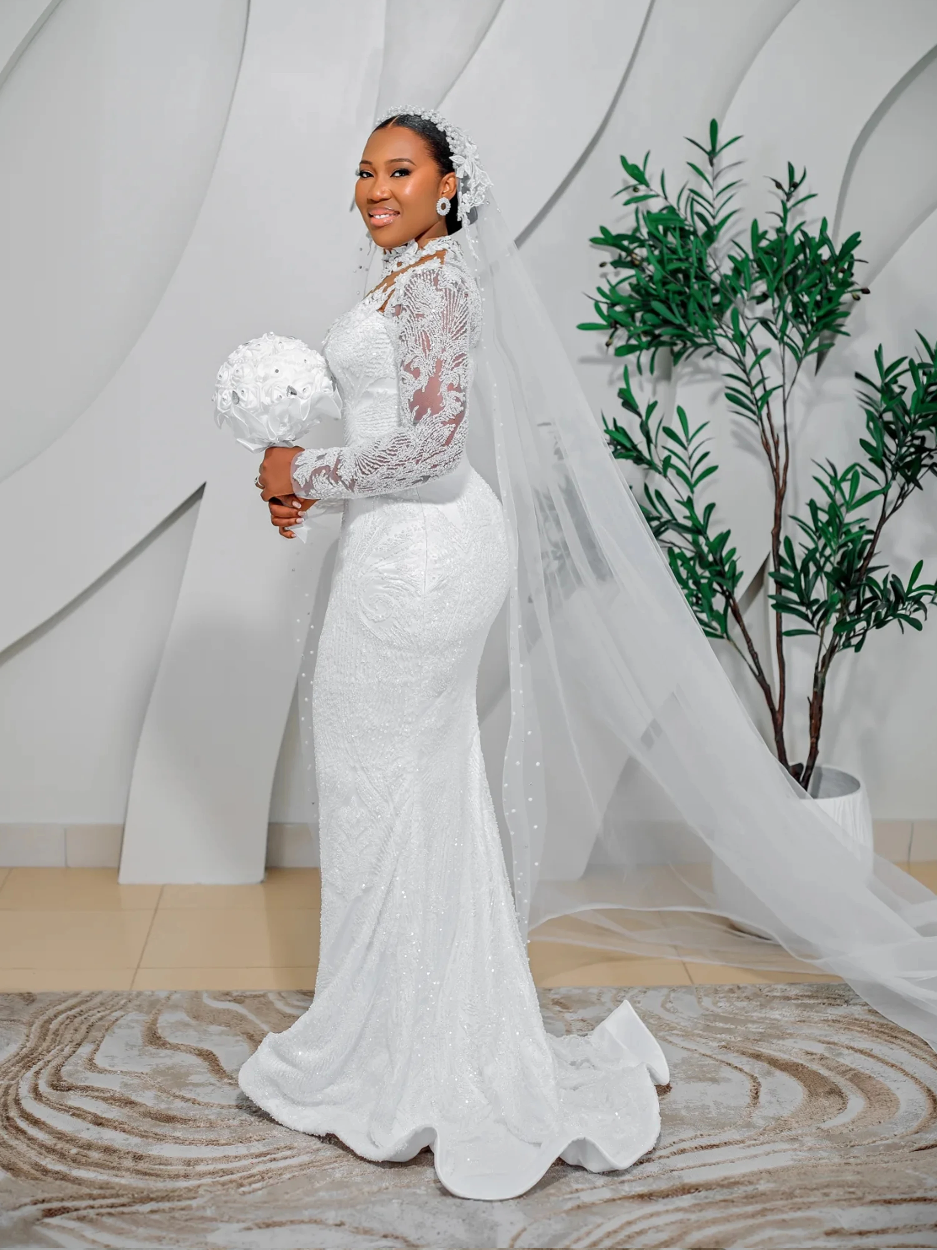 Mermaid Wedding Dresses Long Sleeve High Neck Bride Dress Lace Beading African Bridal Gown vestido de novia Customized